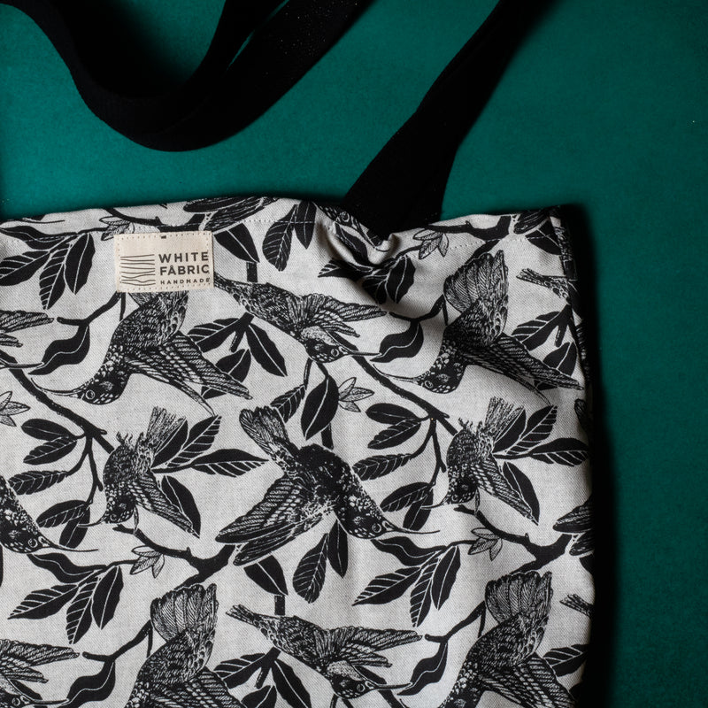 Χειροποίητη Βαμβακερή Τσάντα Birds Μαύρη